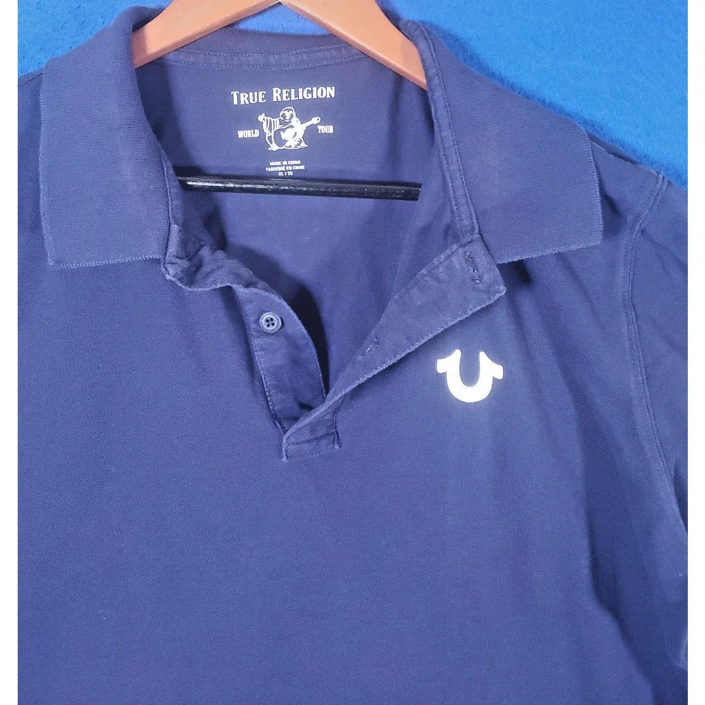 True Religion Mens Polo Shirt Size XL Blue Short Sleeve Crafted With Pride